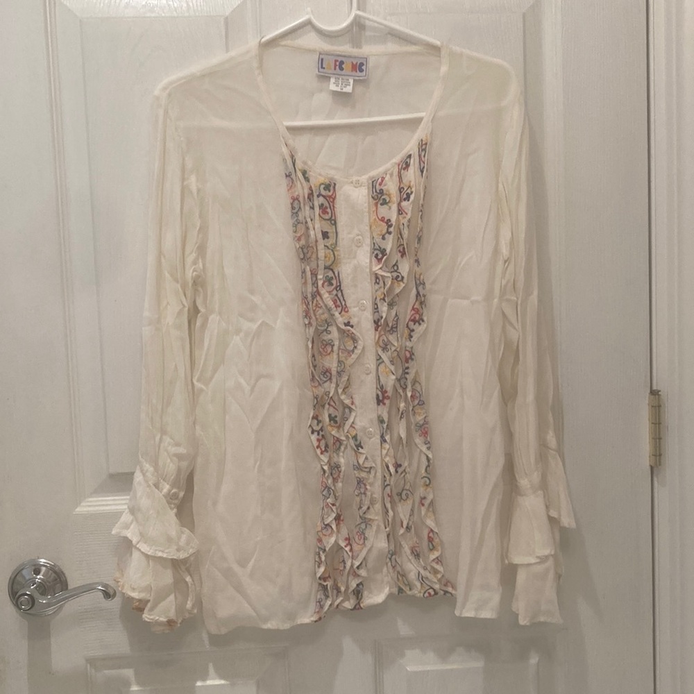 La Femme Vintage 70s Ruffled Button Down Blouse Top
